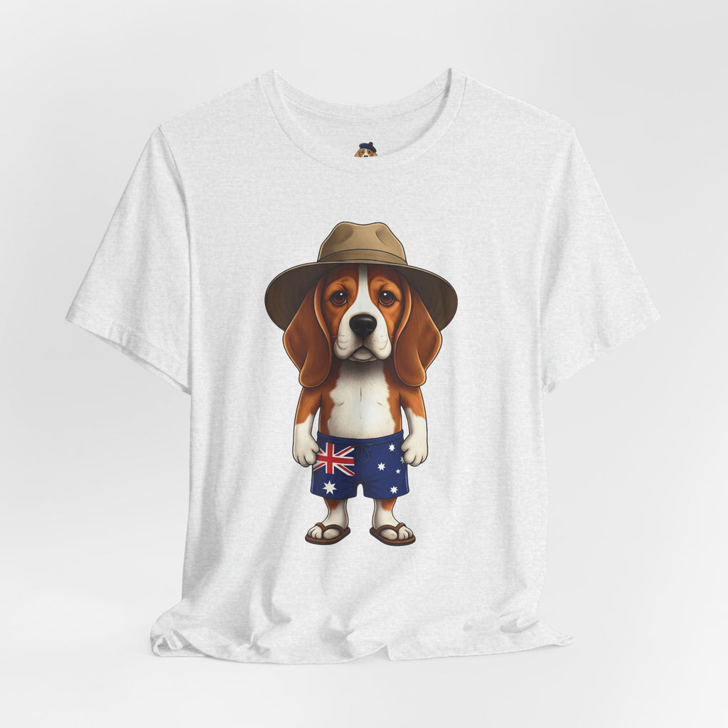 Beagle Aussie Summer Tee - Cute Dog in Akubra Hat & Australian Flag Shorts