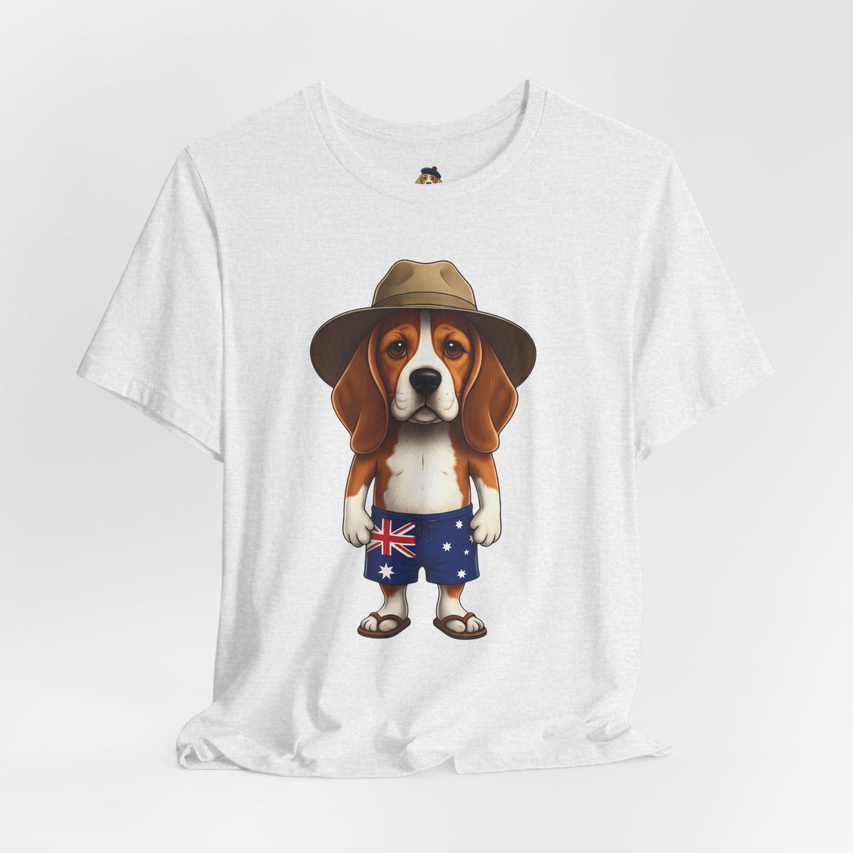 Beagle Aussie Summer Tee - Cute Dog in Akubra Hat & Australian Flag Shorts
