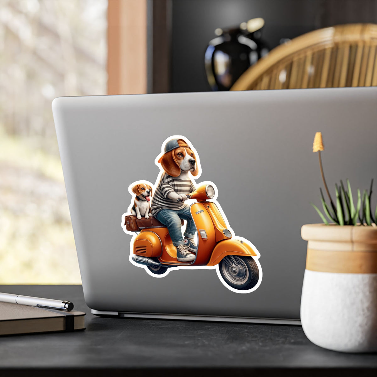 Beagle on Orange Vespa Kiss-Cut Vinyl Decal — Cute ‘La Dolce Vita’ Scooter Sticker