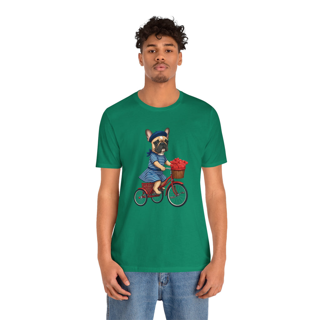Frenchie à Vélo T-Shirt — French Bulldog on Bicycle with Heart Roses Tee
