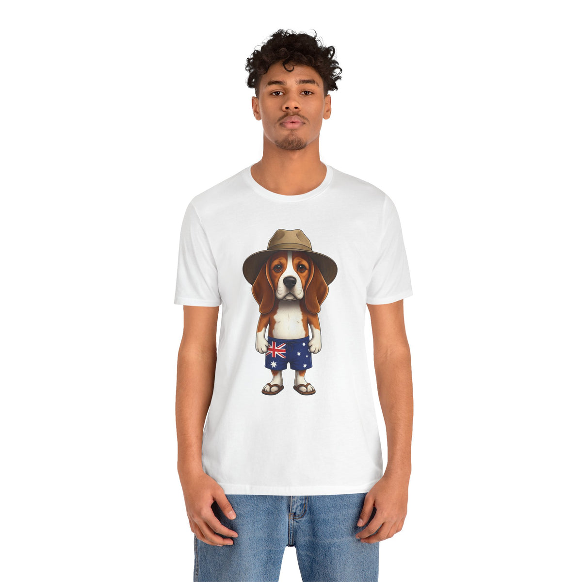 Beagle Aussie Summer Tee - Cute Dog in Akubra Hat & Australian Flag Shorts
