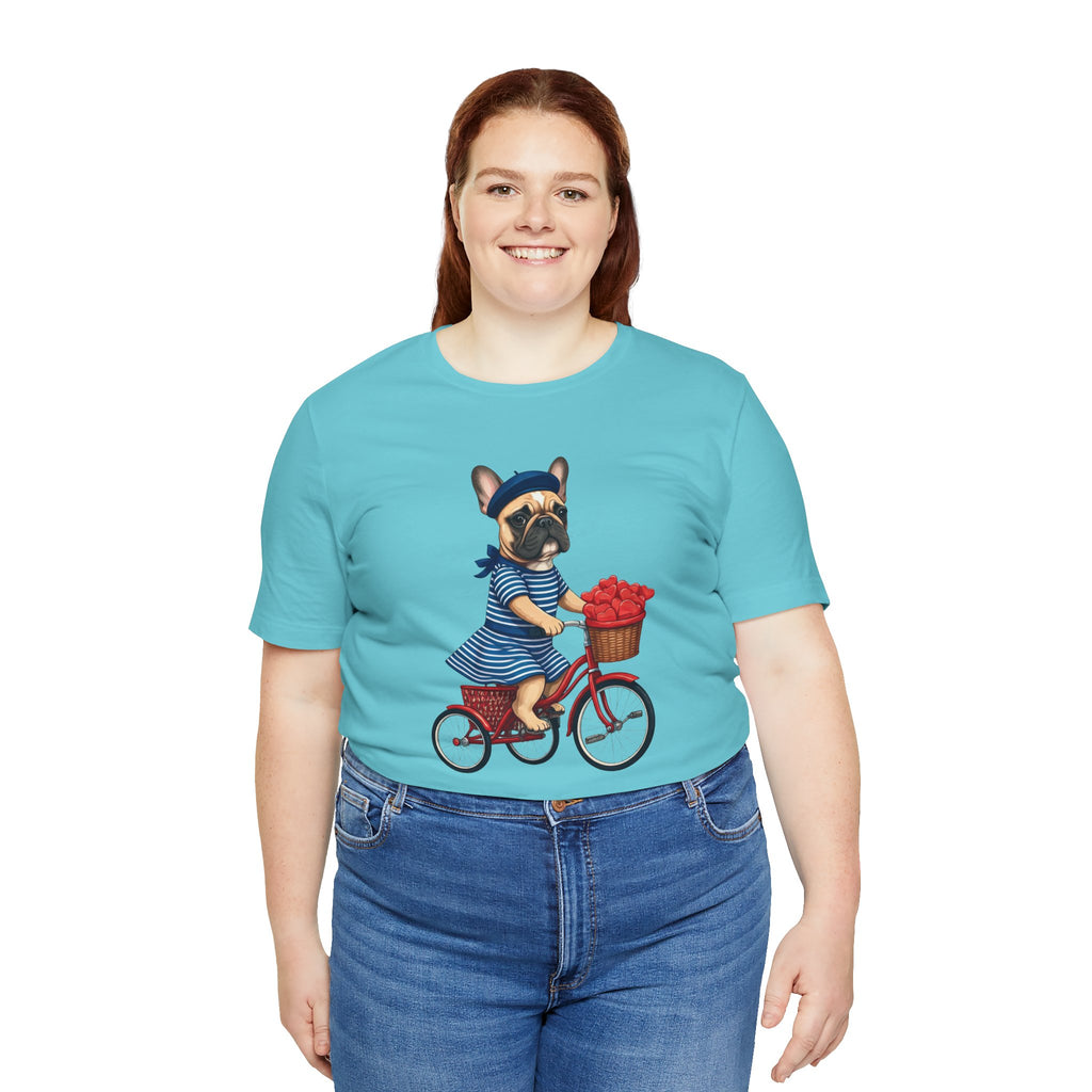 Frenchie à Vélo T-Shirt — French Bulldog on Bicycle with Heart Roses Tee