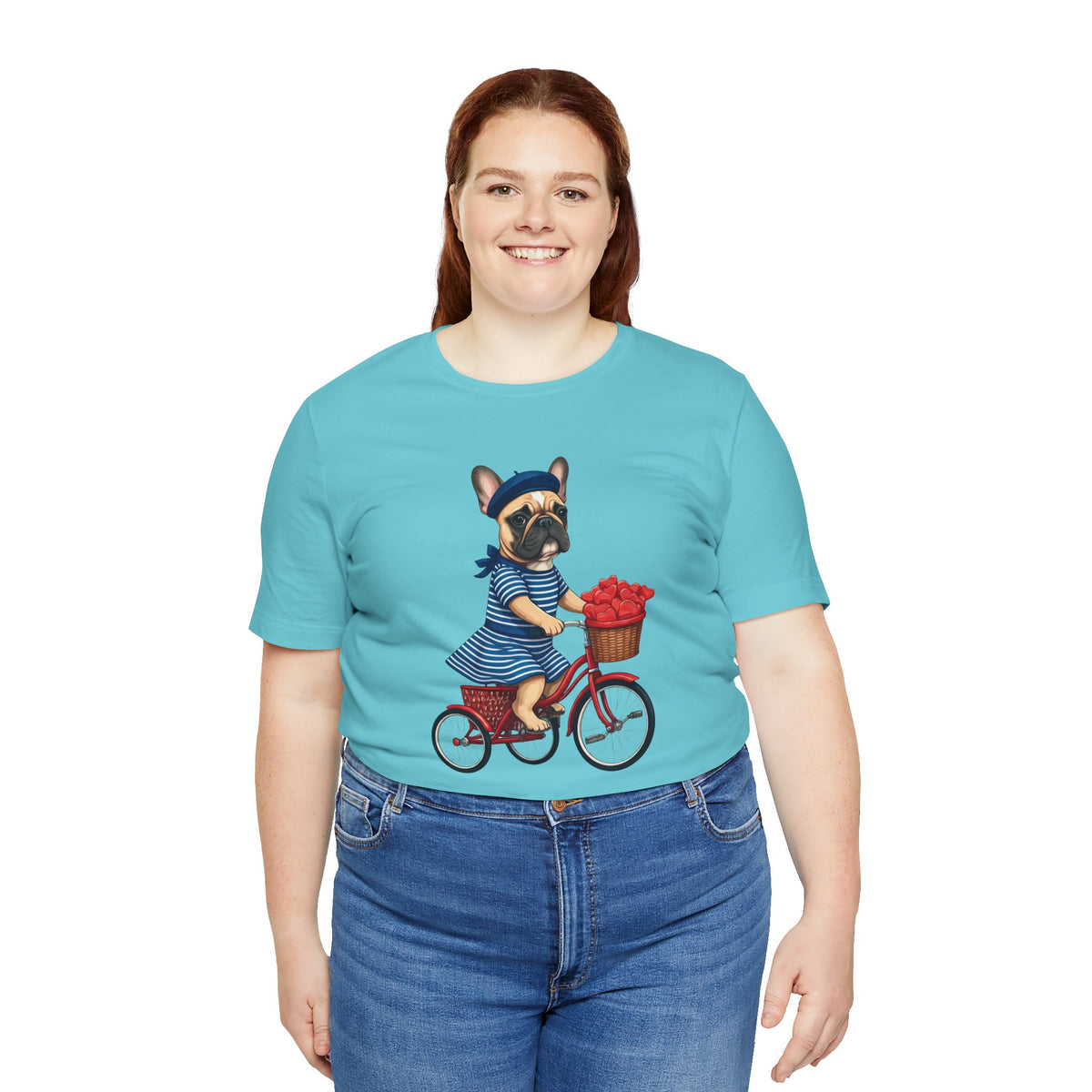 Frenchie à Vélo T-Shirt — French Bulldog on Bicycle with Heart Roses Tee