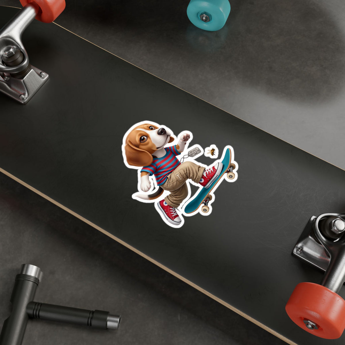Skateboarding Beagle Sticker — Cute Vinyl Kiss-Cut Decal for Laptops, Water Bottles & Windows