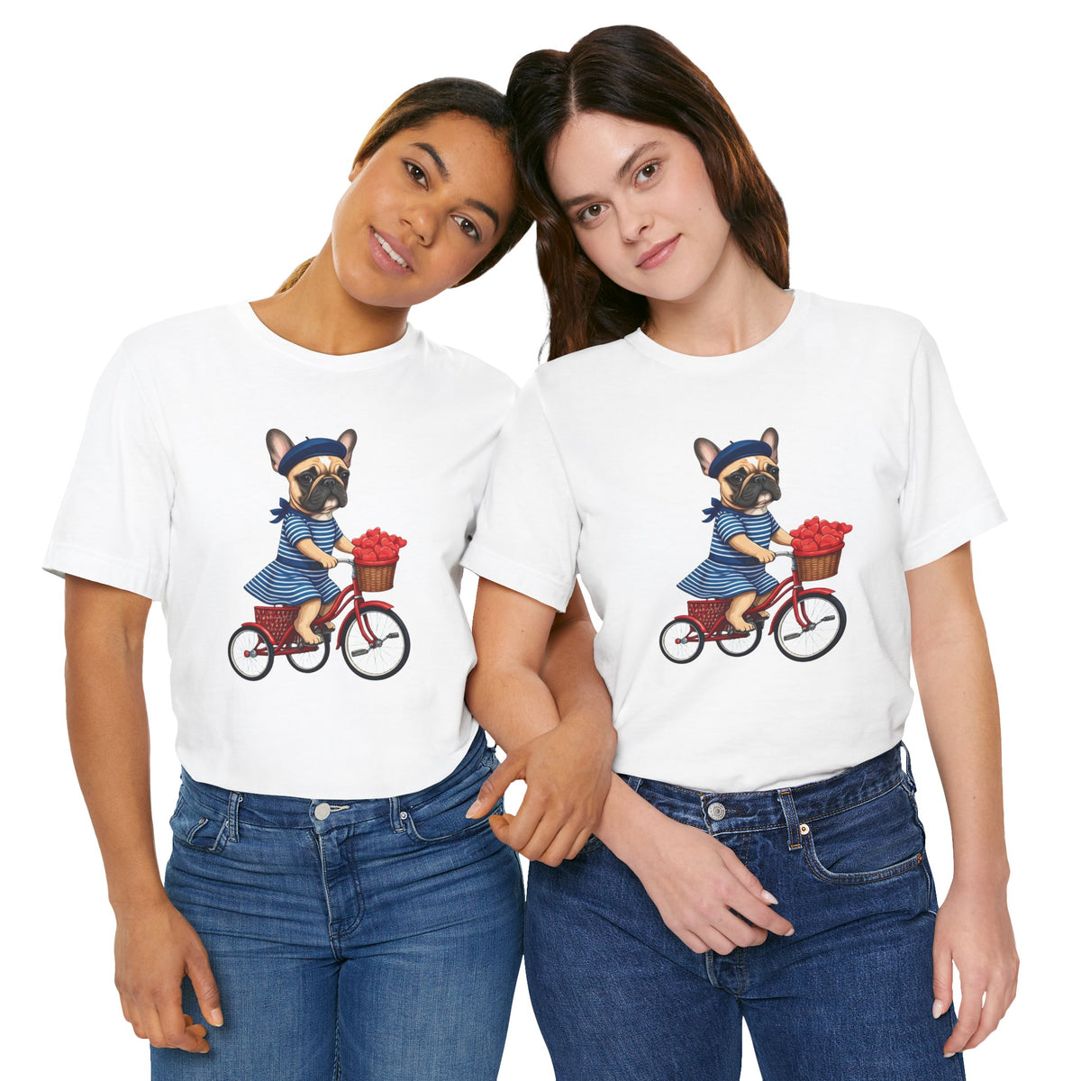 Frenchie à Vélo T-Shirt — French Bulldog on Bicycle with Heart Roses Tee