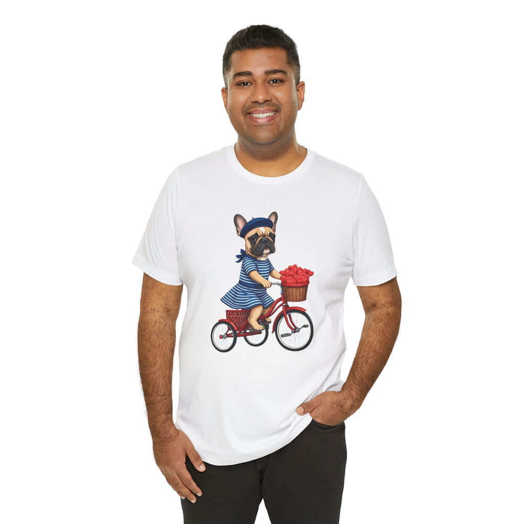 Frenchie à Vélo T-Shirt — French Bulldog on Bicycle with Heart Roses Tee