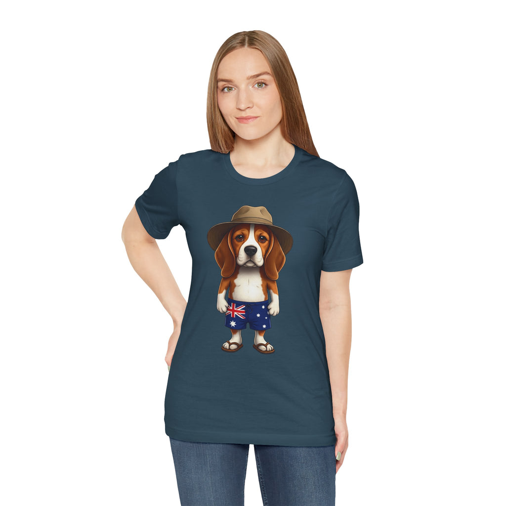 Beagle Aussie Summer Tee - Cute Dog in Akubra Hat & Australian Flag Shorts