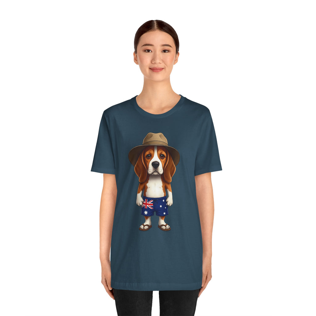 Beagle Aussie Summer Tee - Cute Dog in Akubra Hat & Australian Flag Shorts