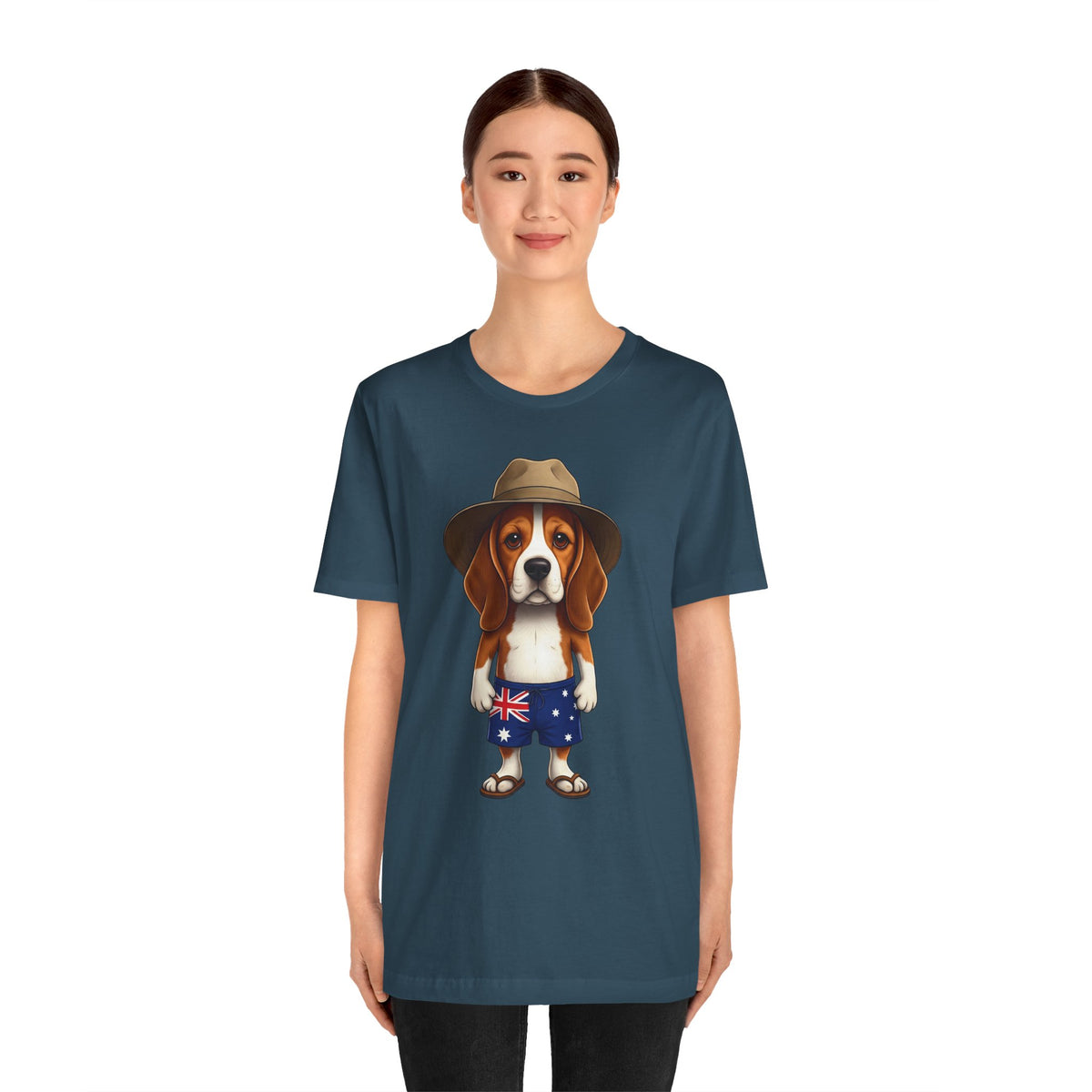 Beagle Aussie Summer Tee - Cute Dog in Akubra Hat & Australian Flag Shorts