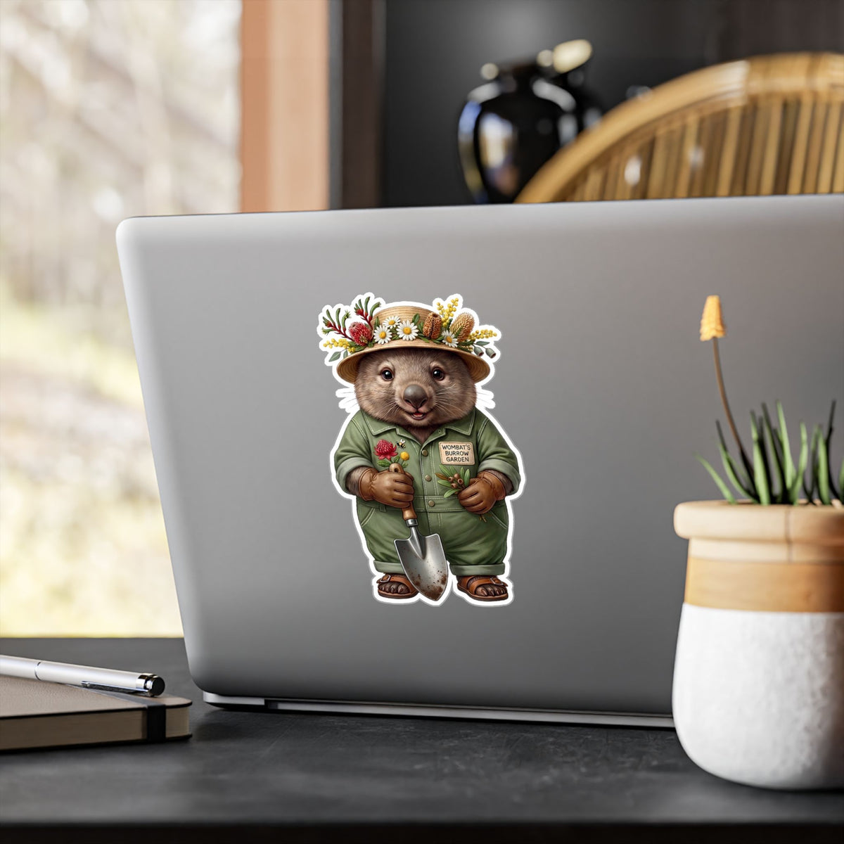 Wombat Gardener Die-Cut Vinyl Sticker - Weatherproof Australian Native Botanical Decal