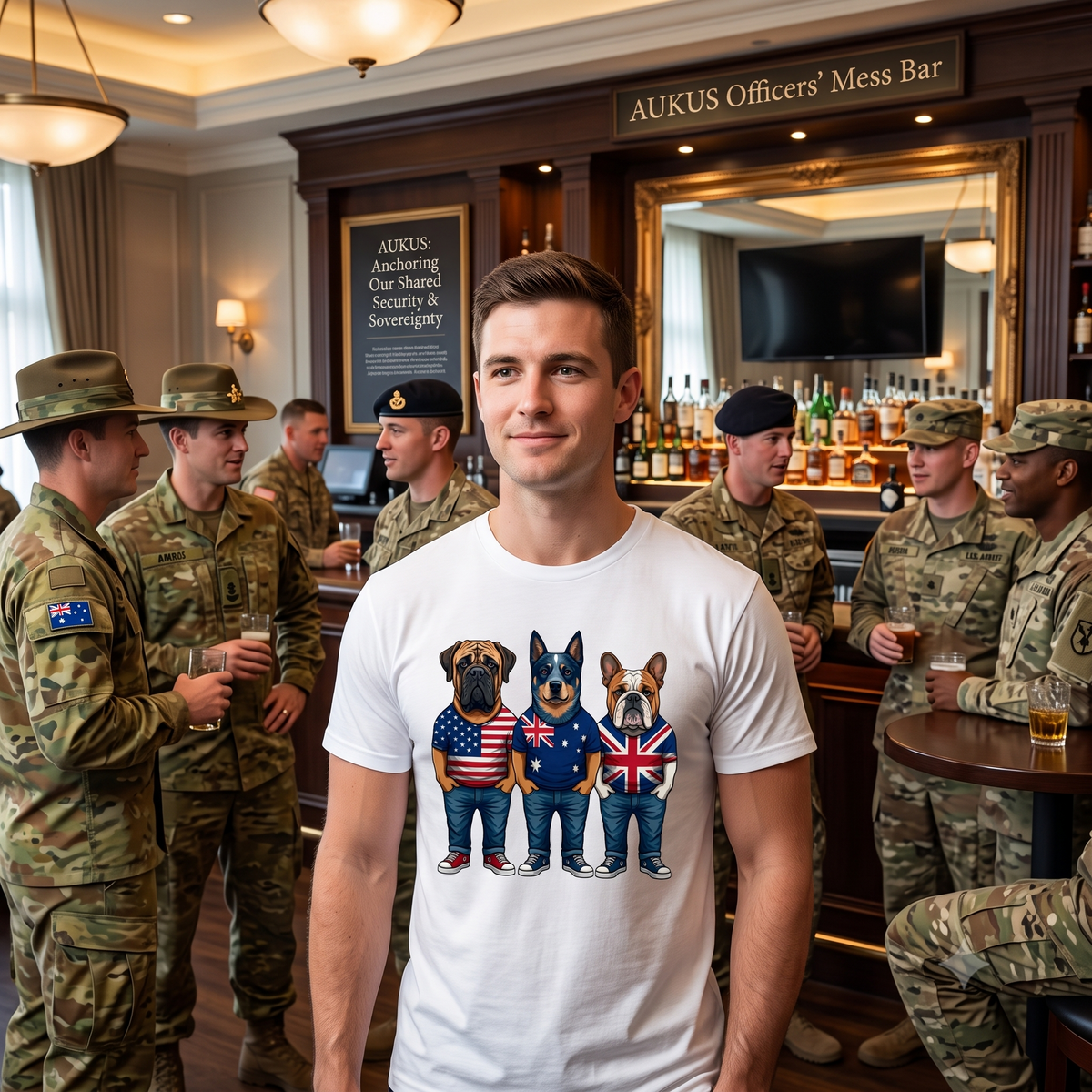 AUKUS Line-Up Tee - USA, Australia & UK Flag Dogs