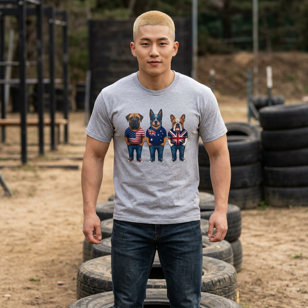 AUKUS Line-Up Tee - USA, Australia & UK Flag Dogs