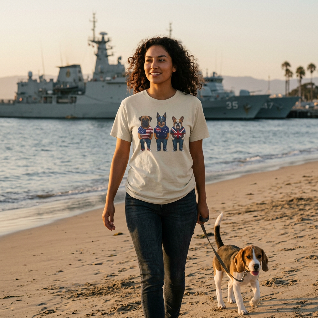 AUKUS Line-Up Tee - USA, Australia & UK Flag Dogs
