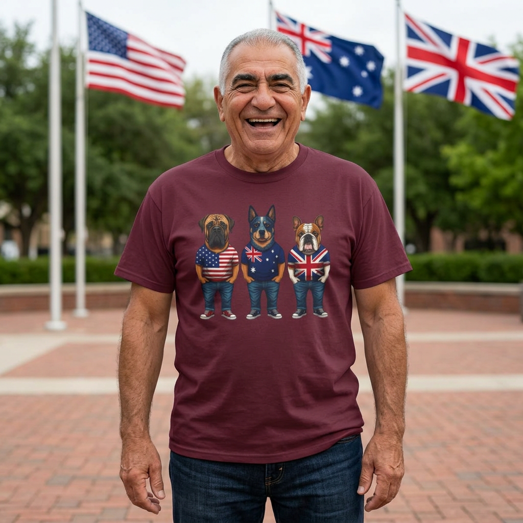 AUKUS Line-Up Tee - USA, Australia & UK Flag Dogs