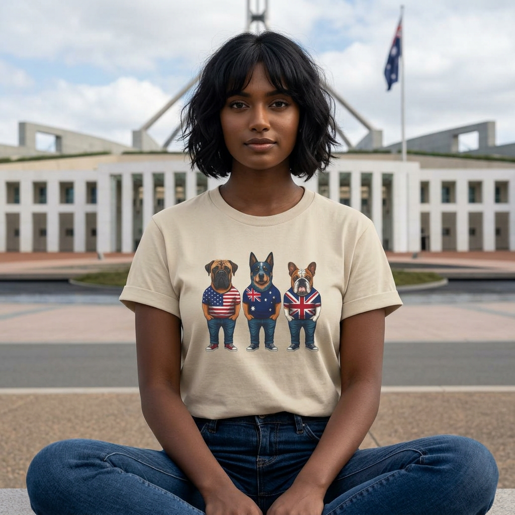 AUKUS Line-Up Tee - USA, Australia & UK Flag Dogs