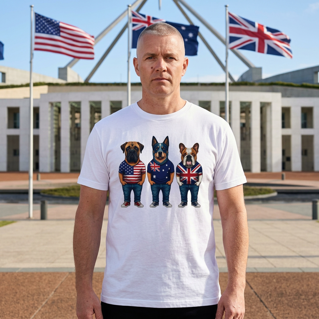 AUKUS Line-Up Tee - USA, Australia & UK Flag Dogs