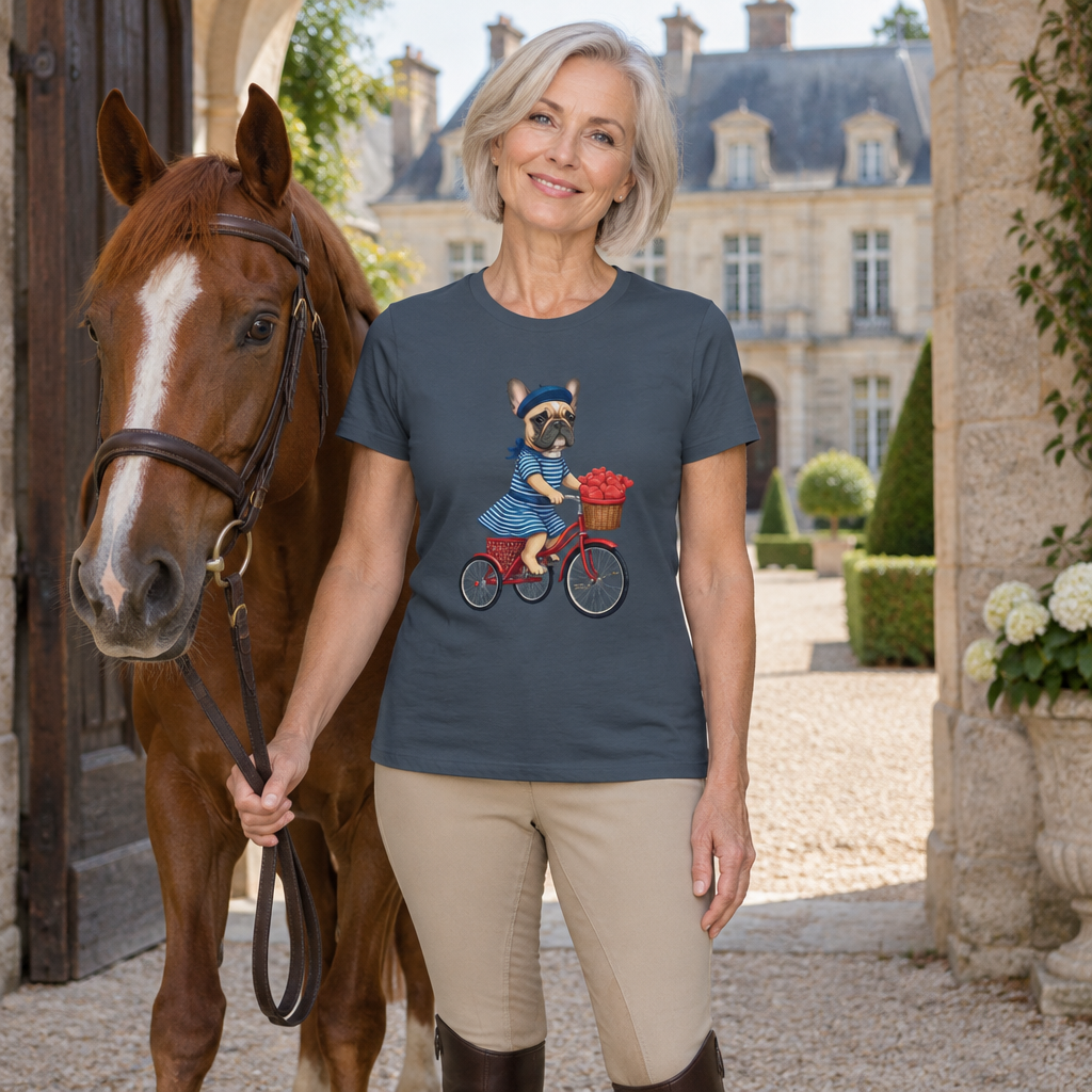 French Bulldog Bicycle Tee — Cute Women’s Graphic Shirt with Dog on Bike