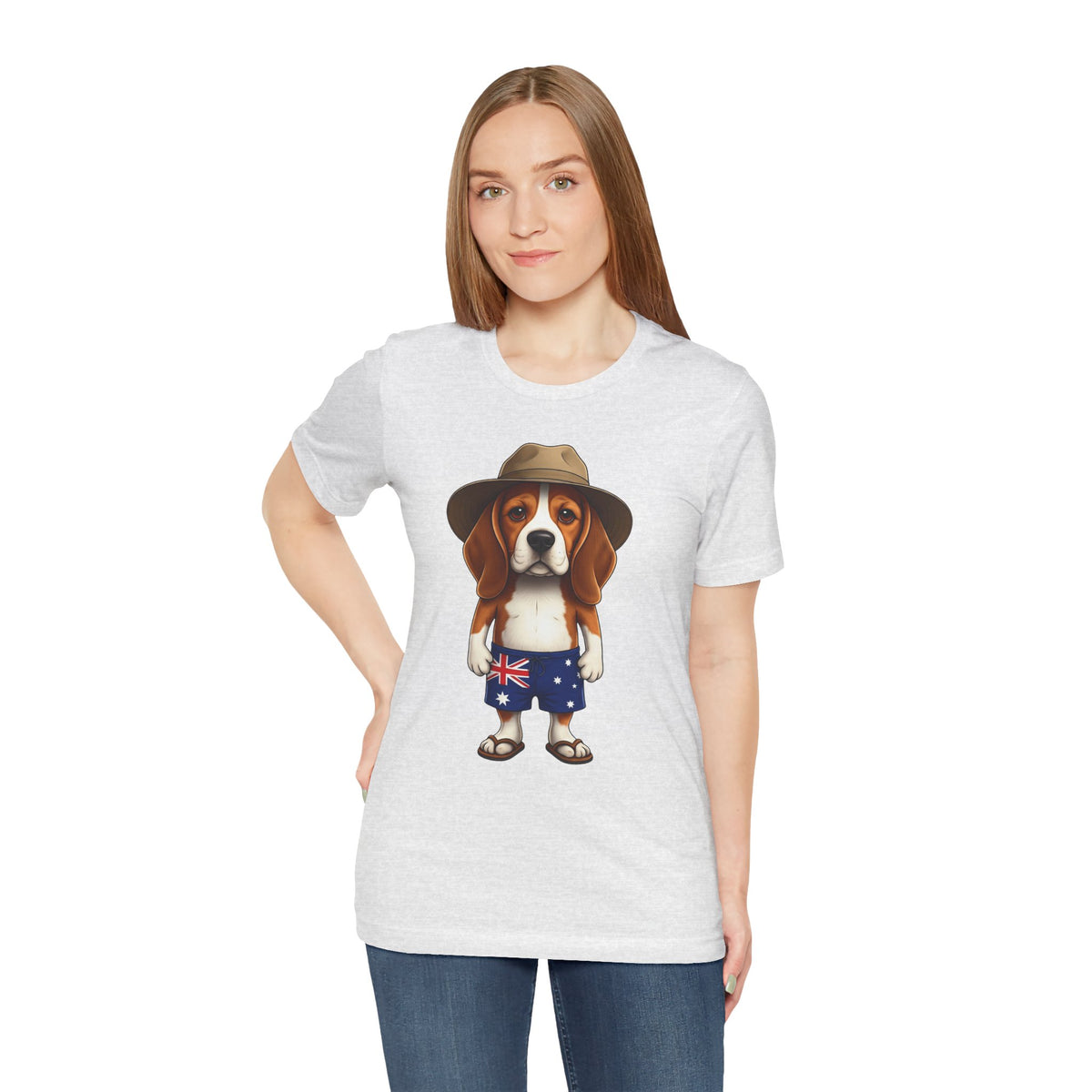 Beagle Aussie Summer Tee - Cute Dog in Akubra Hat & Australian Flag Shorts