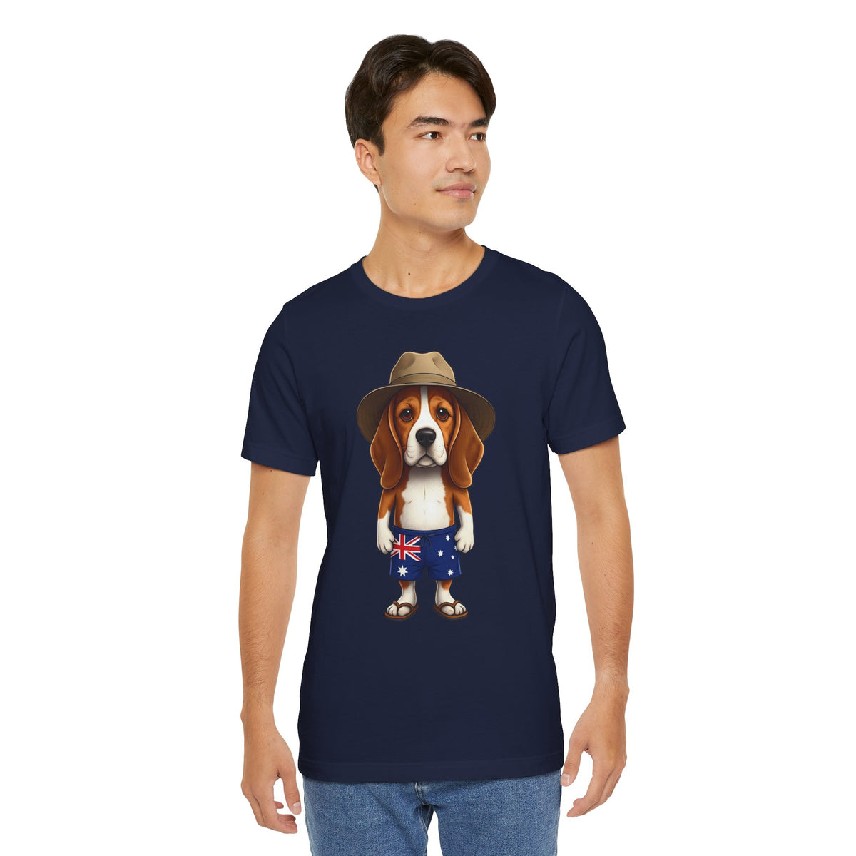 Beagle Aussie Summer Tee - Cute Dog in Akubra Hat & Australian Flag Shorts