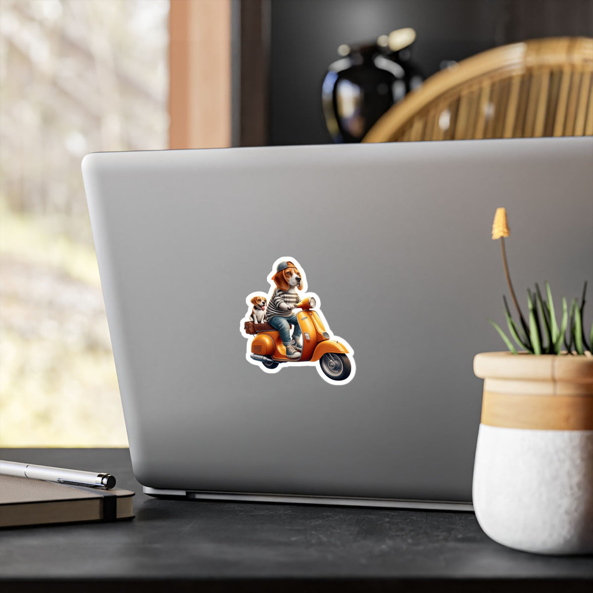 Beagle on Orange Vespa Kiss-Cut Vinyl Decal — Cute ‘La Dolce Vita’ Scooter Sticker