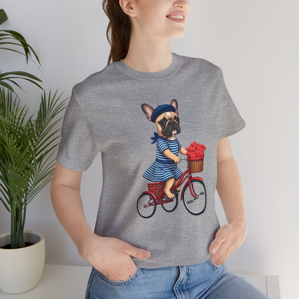 Frenchie à Vélo T-Shirt — French Bulldog on Bicycle with Heart Roses Tee
