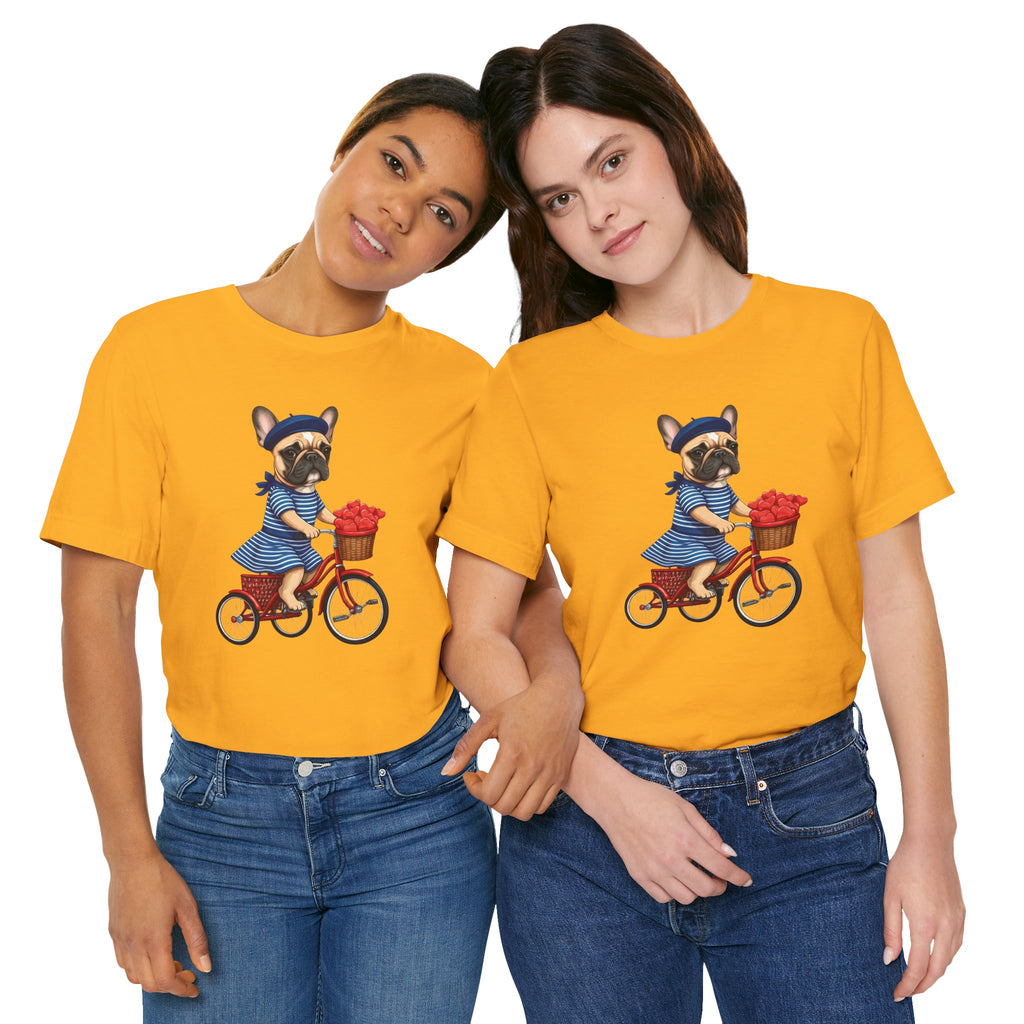 Frenchie à Vélo T-Shirt — French Bulldog on Bicycle with Heart Roses Tee