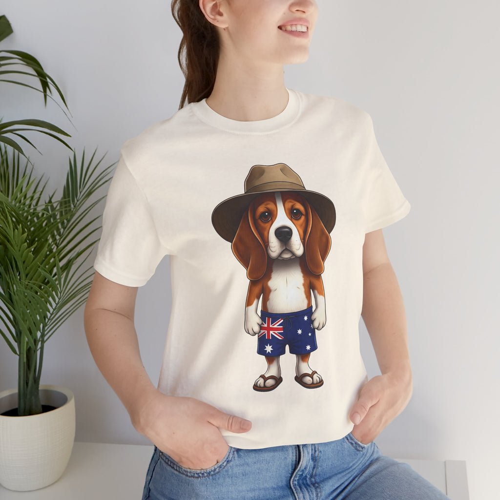 Beagle Aussie Summer Tee - Cute Dog in Akubra Hat & Australian Flag Shorts