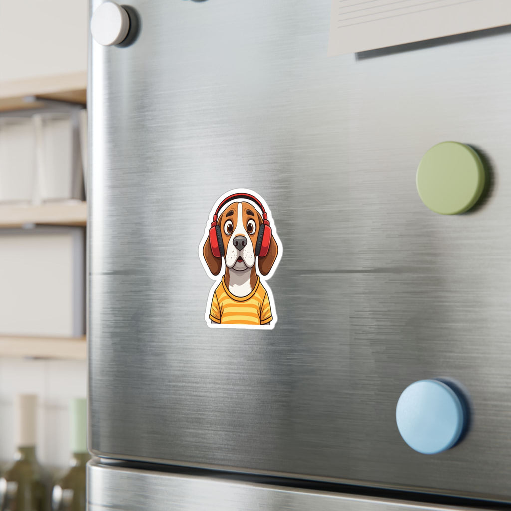 Beagle with Headphones Vinyl Sticker — Cute Startled Dog Decal for Laptops & Water Bottles