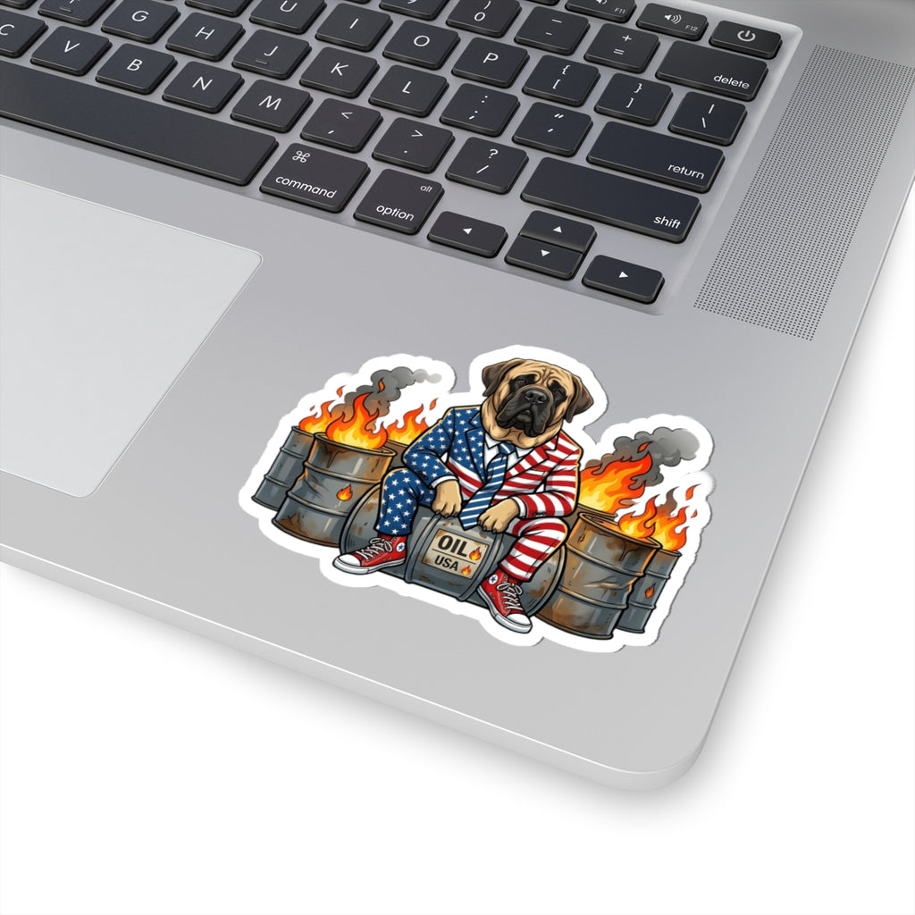 Patriotic Mastiff Sticker — American Flag Suit, Oil Drum Flames Kiss-Cut Decal