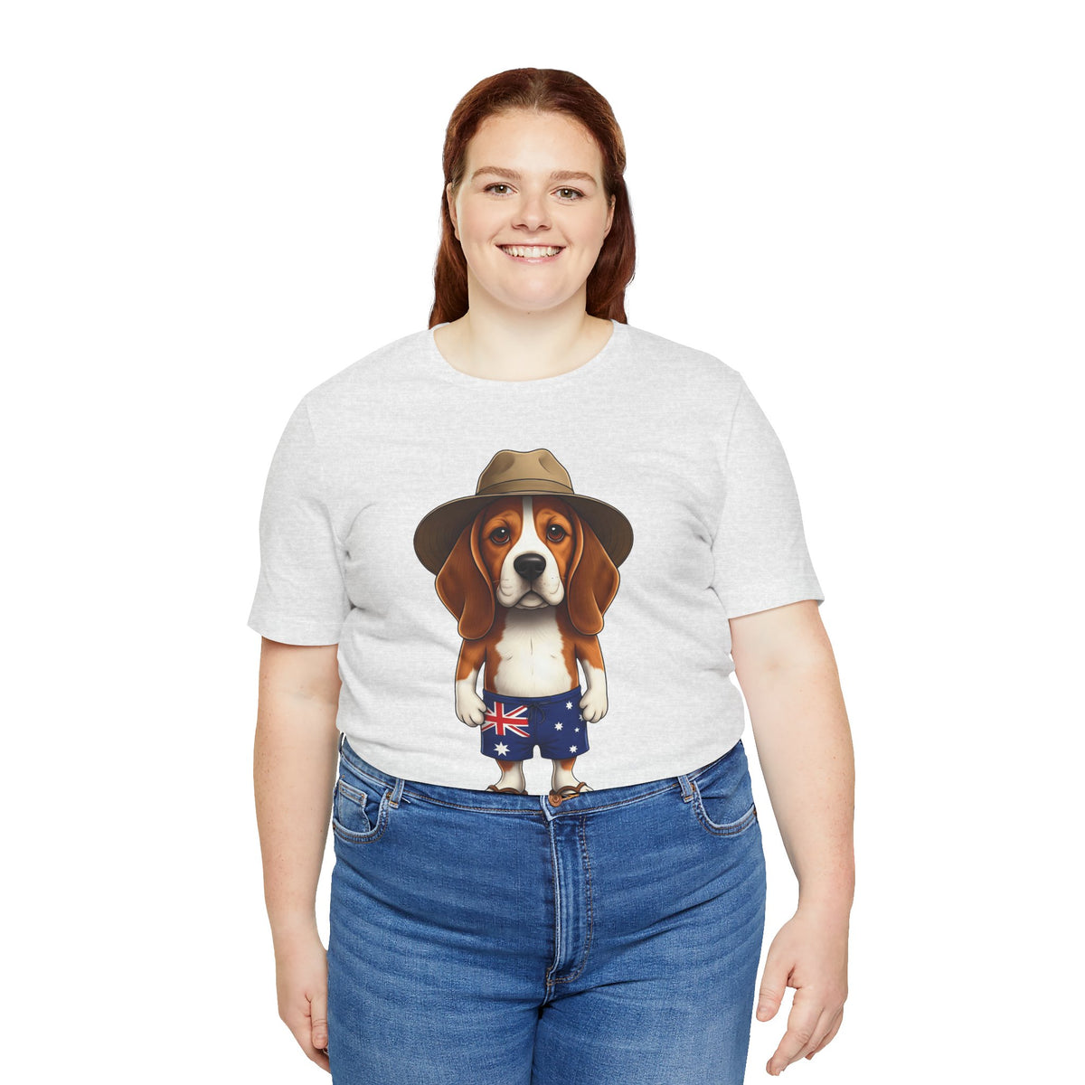 Beagle Aussie Summer Tee - Cute Dog in Akubra Hat & Australian Flag Shorts