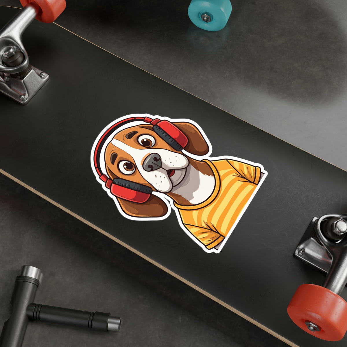 Beagle with Headphones Vinyl Sticker — Cute Startled Dog Decal for Laptops & Water Bottles