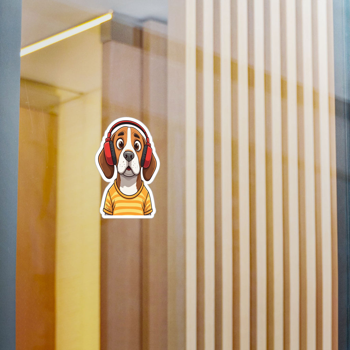 Beagle with Headphones Vinyl Sticker — Cute Startled Dog Decal for Laptops & Water Bottles