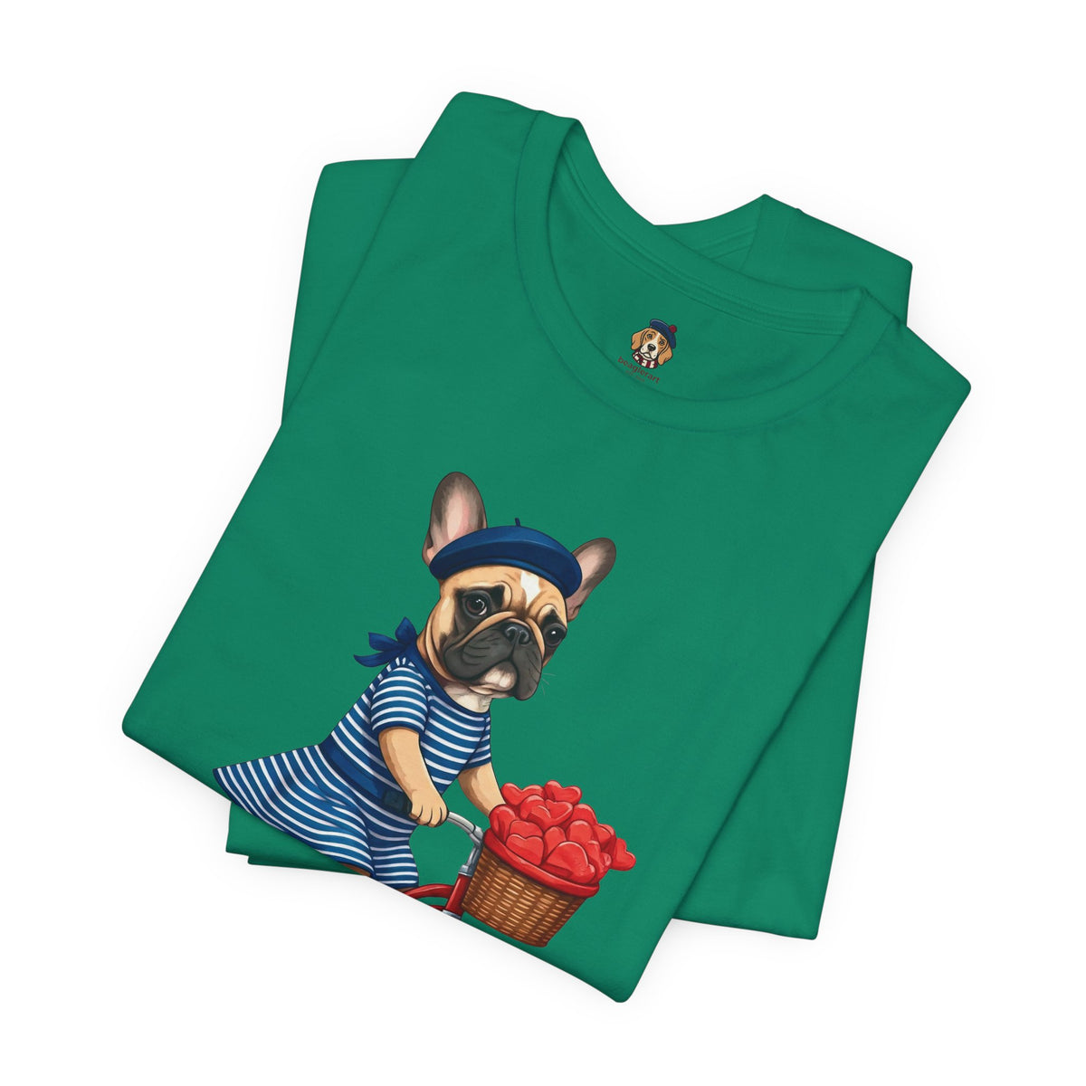 Frenchie à Vélo T-Shirt — French Bulldog on Bicycle with Heart Roses Tee