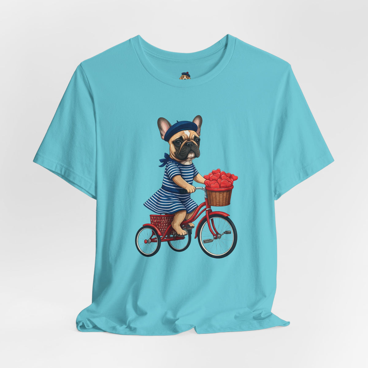 Frenchie à Vélo T-Shirt — French Bulldog on Bicycle with Heart Roses Tee
