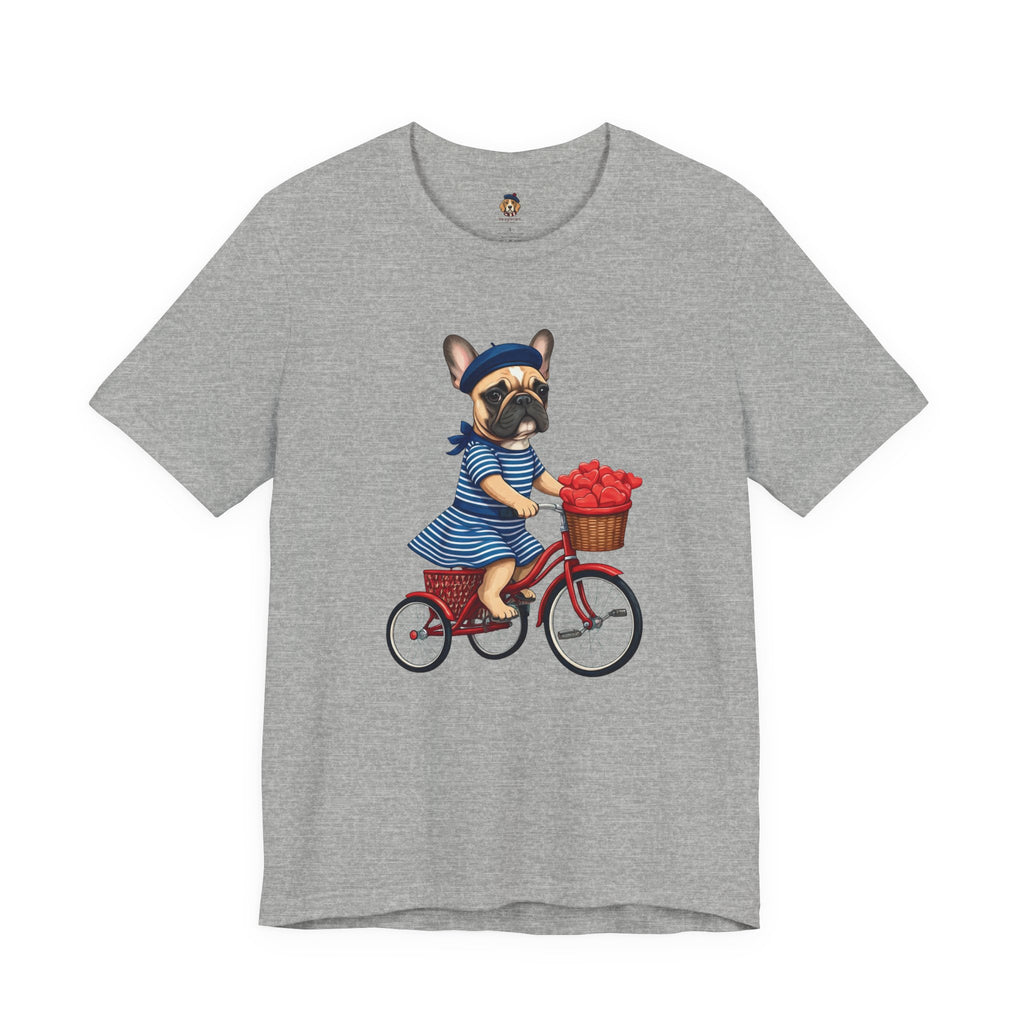 Frenchie à Vélo T-Shirt — French Bulldog on Bicycle with Heart Roses Tee