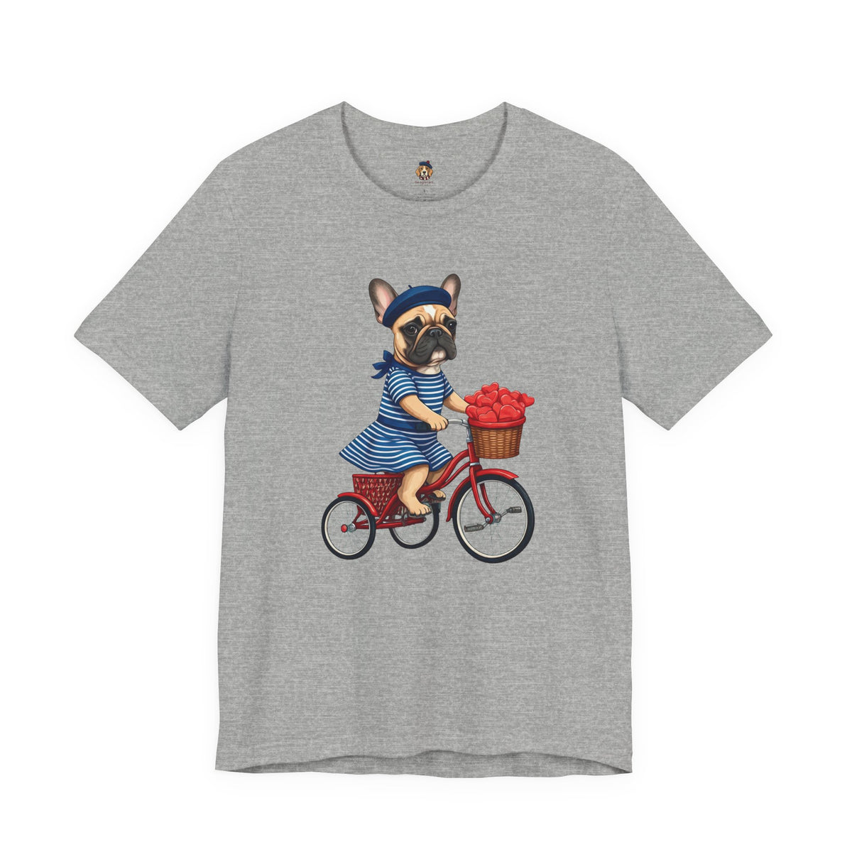 Frenchie à Vélo T-Shirt — French Bulldog on Bicycle with Heart Roses Tee