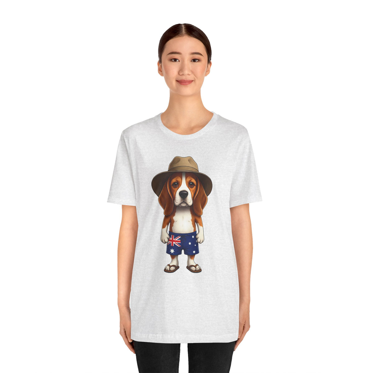 Beagle Aussie Summer Tee - Cute Dog in Akubra Hat & Australian Flag Shorts