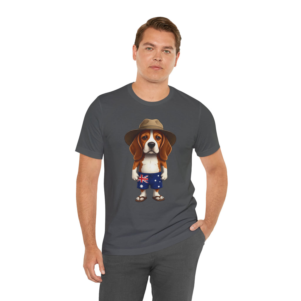 Beagle Aussie Summer Tee - Cute Dog in Akubra Hat & Australian Flag Shorts