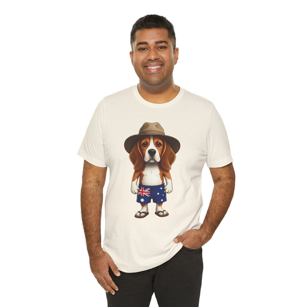 Beagle Aussie Summer Tee - Cute Dog in Akubra Hat & Australian Flag Shorts