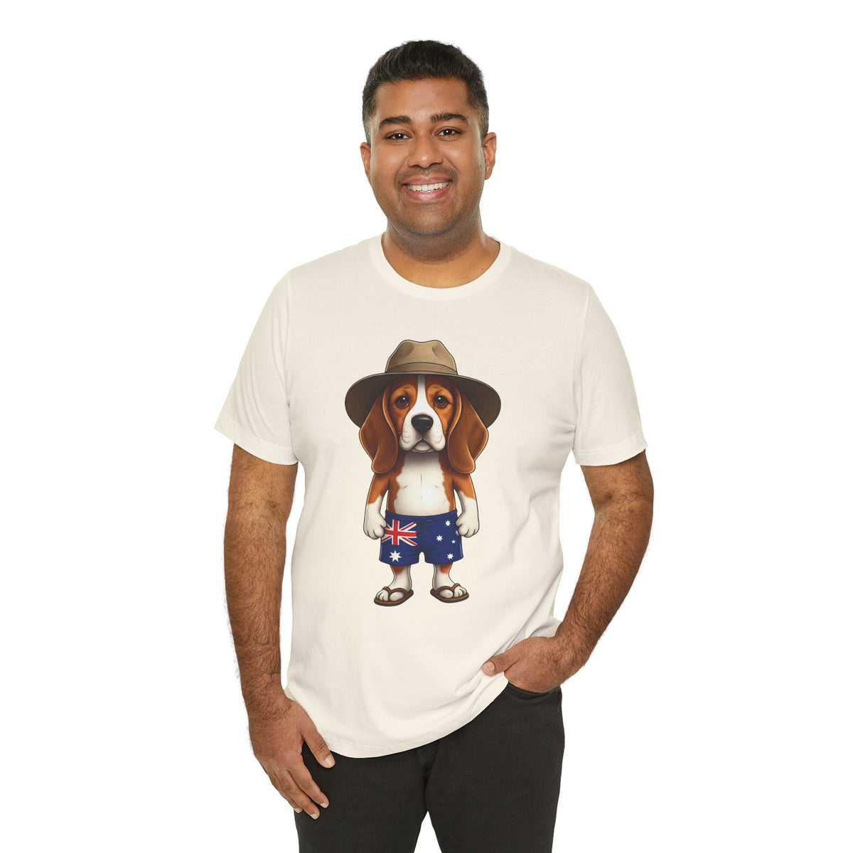 Beagle Aussie Summer Tee - Cute Dog in Akubra Hat & Australian Flag Shorts