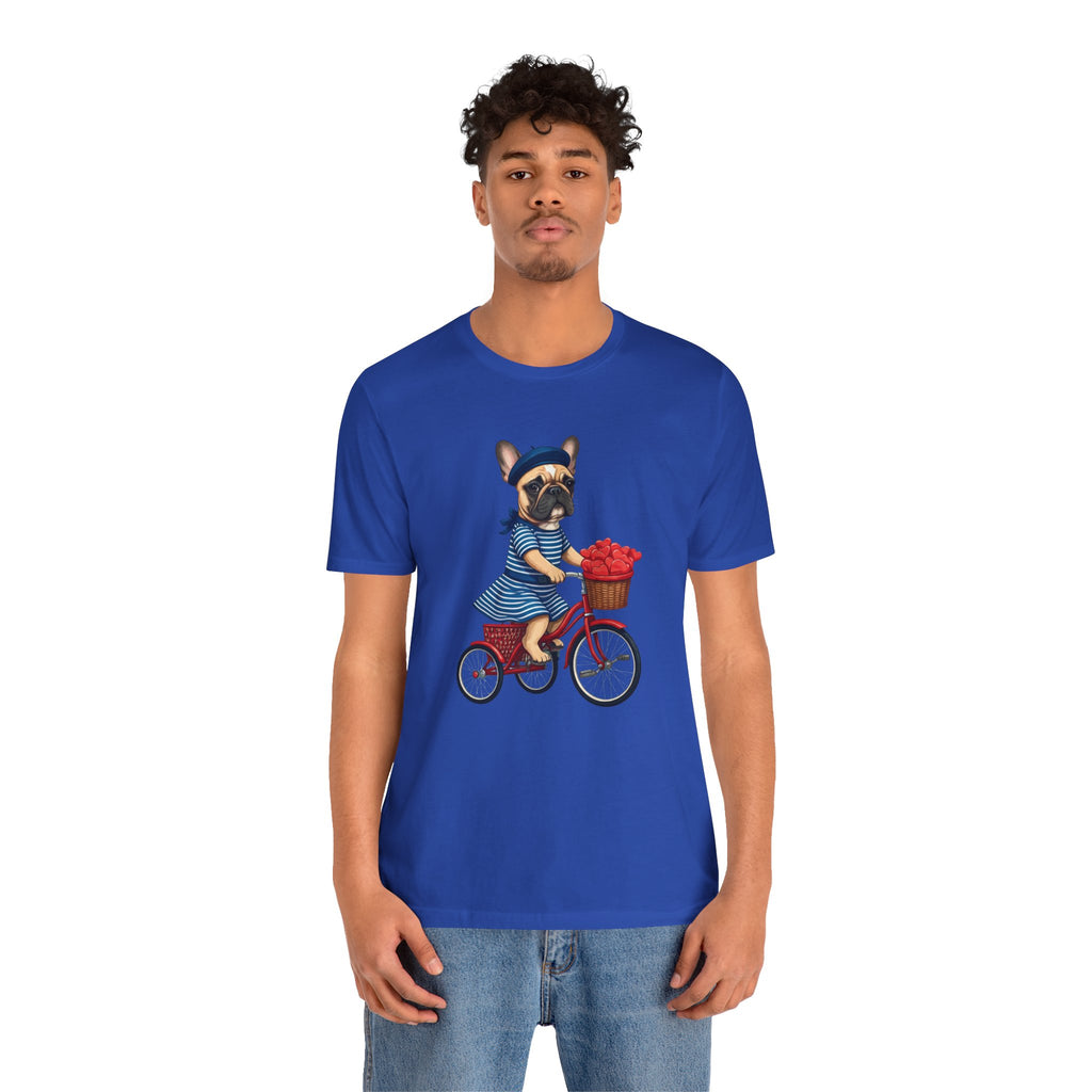 Frenchie à Vélo T-Shirt — French Bulldog on Bicycle with Heart Roses Tee