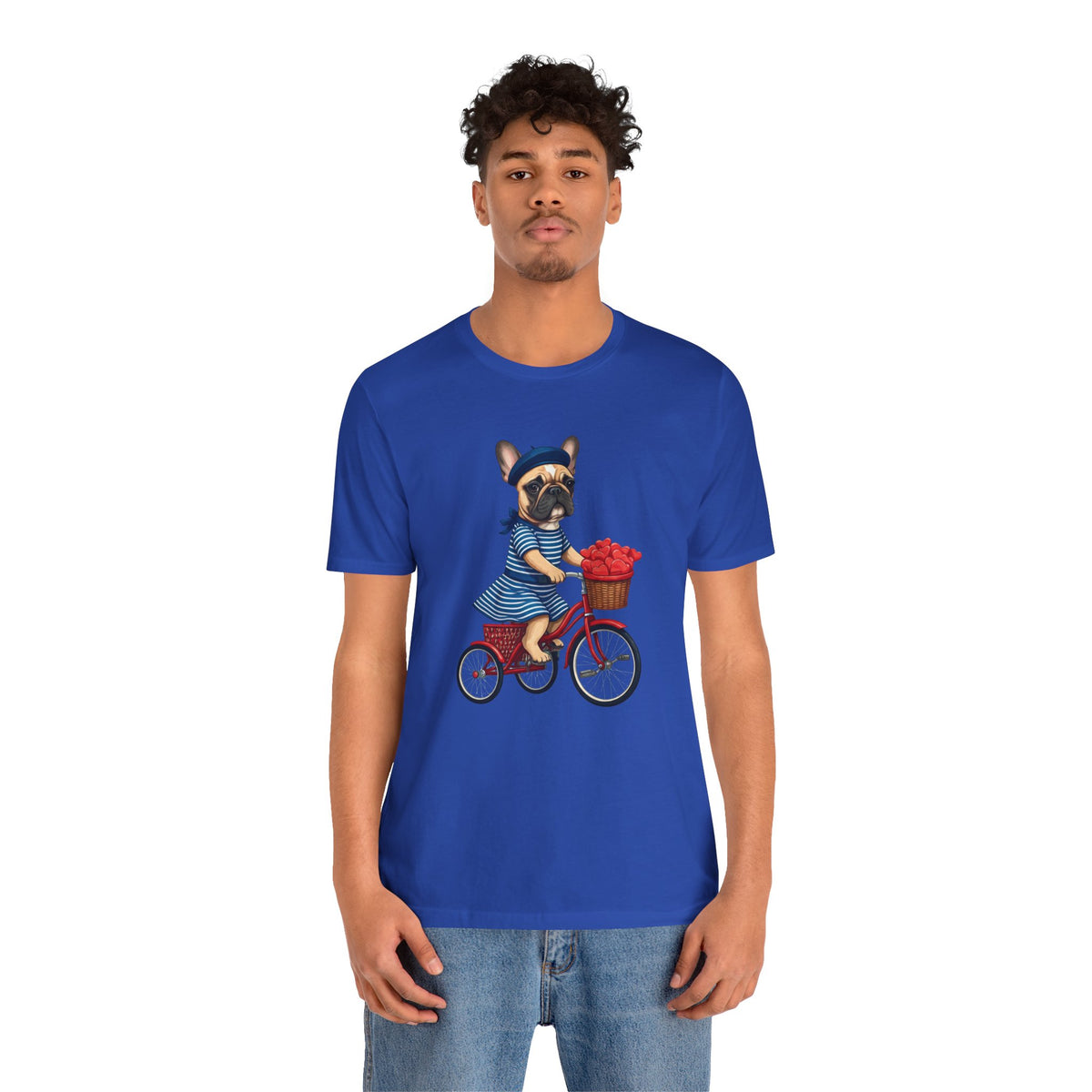 Frenchie à Vélo T-Shirt — French Bulldog on Bicycle with Heart Roses Tee