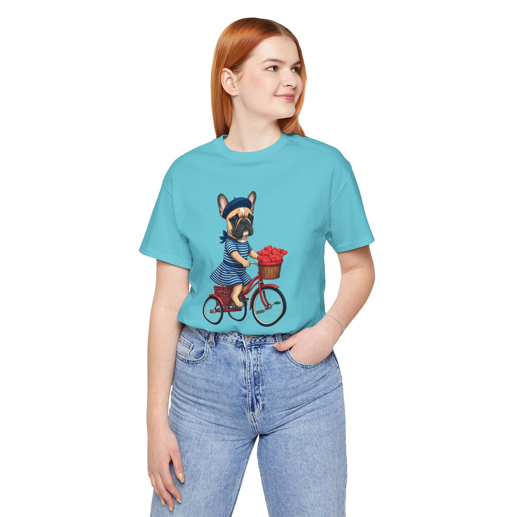 Frenchie à Vélo T-Shirt — French Bulldog on Bicycle with Heart Roses Tee