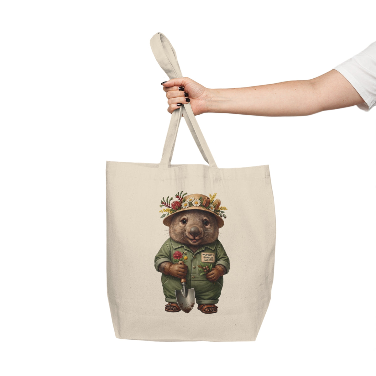 Wombat Gardener Canvas Tote Bag - Australian Flora & Fauna Botanical Market Tote