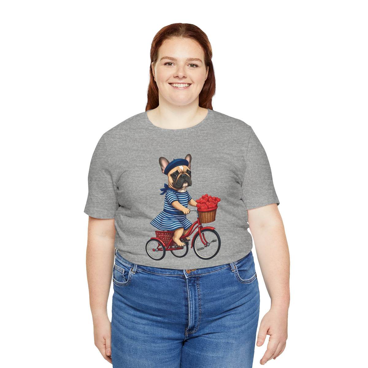 Frenchie à Vélo T-Shirt — French Bulldog on Bicycle with Heart Roses Tee