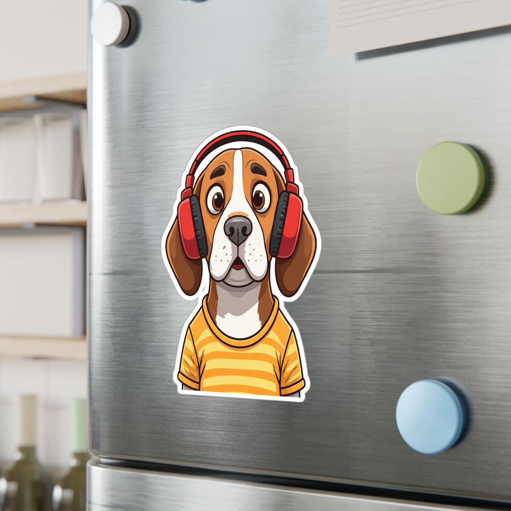 Beagle with Headphones Vinyl Sticker — Cute Startled Dog Decal for Laptops & Water Bottles