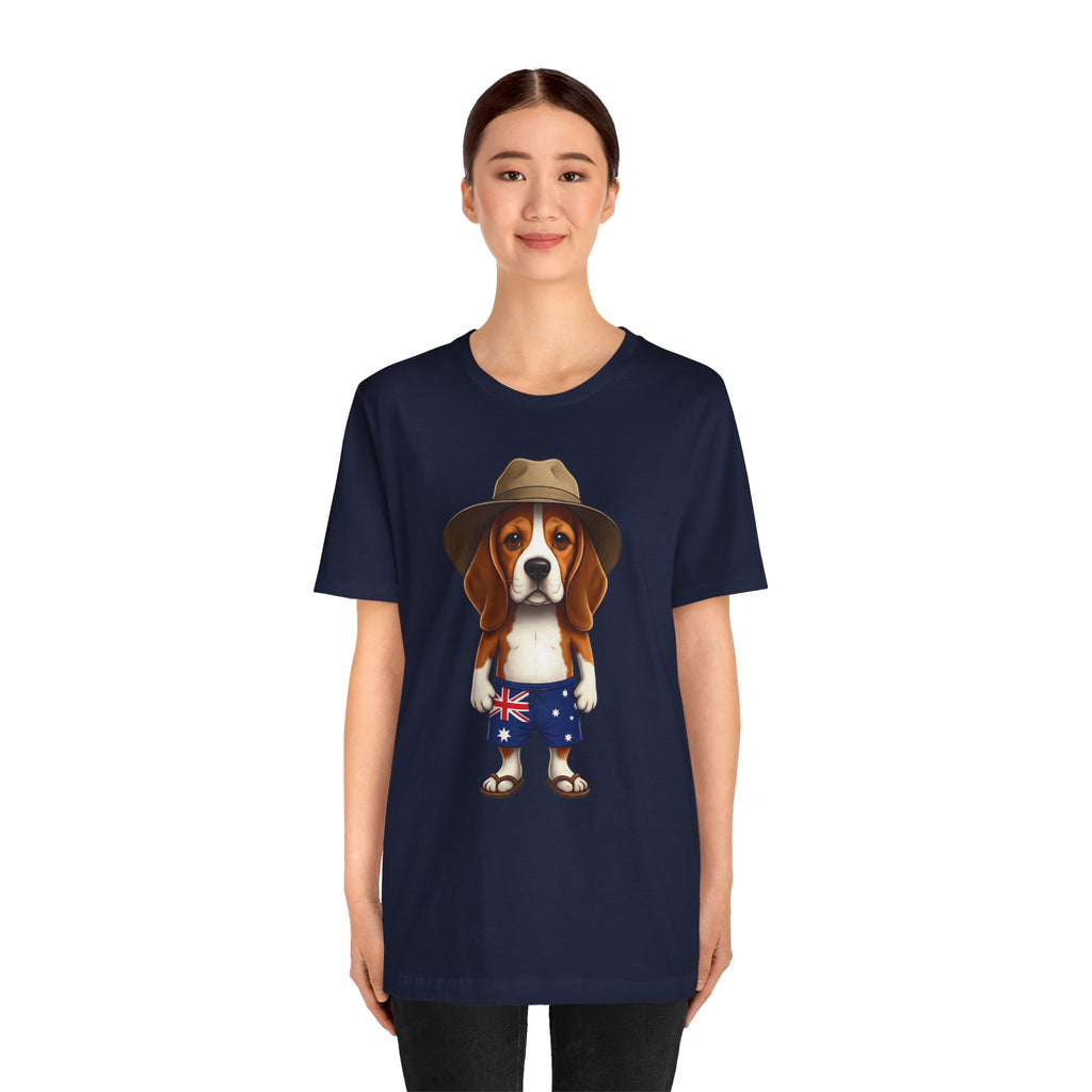 Beagle Aussie Summer Tee - Cute Dog in Akubra Hat & Australian Flag Shorts