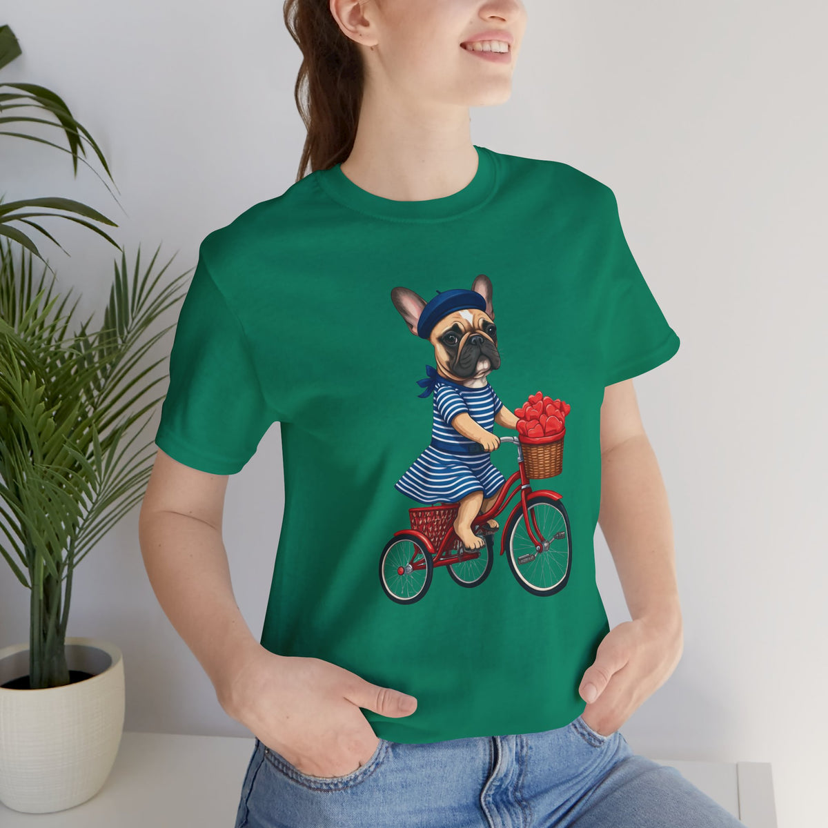 Frenchie à Vélo T-Shirt — French Bulldog on Bicycle with Heart Roses Tee