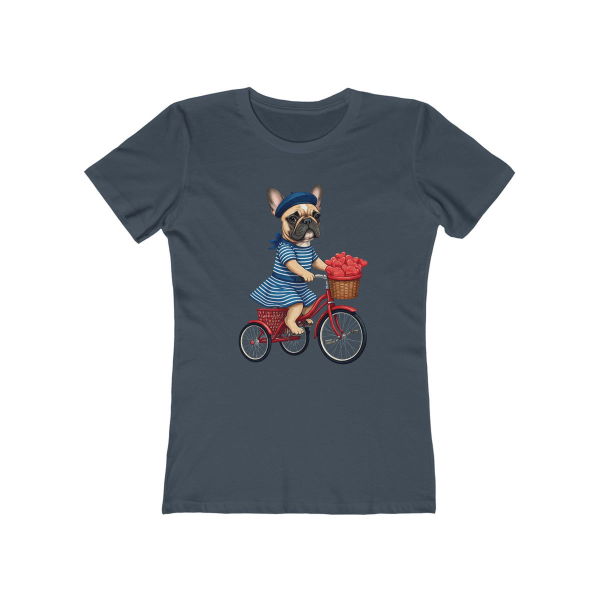 French Bulldog Bicycle Tee — Cute Women’s Graphic Shirt with Dog on Bike