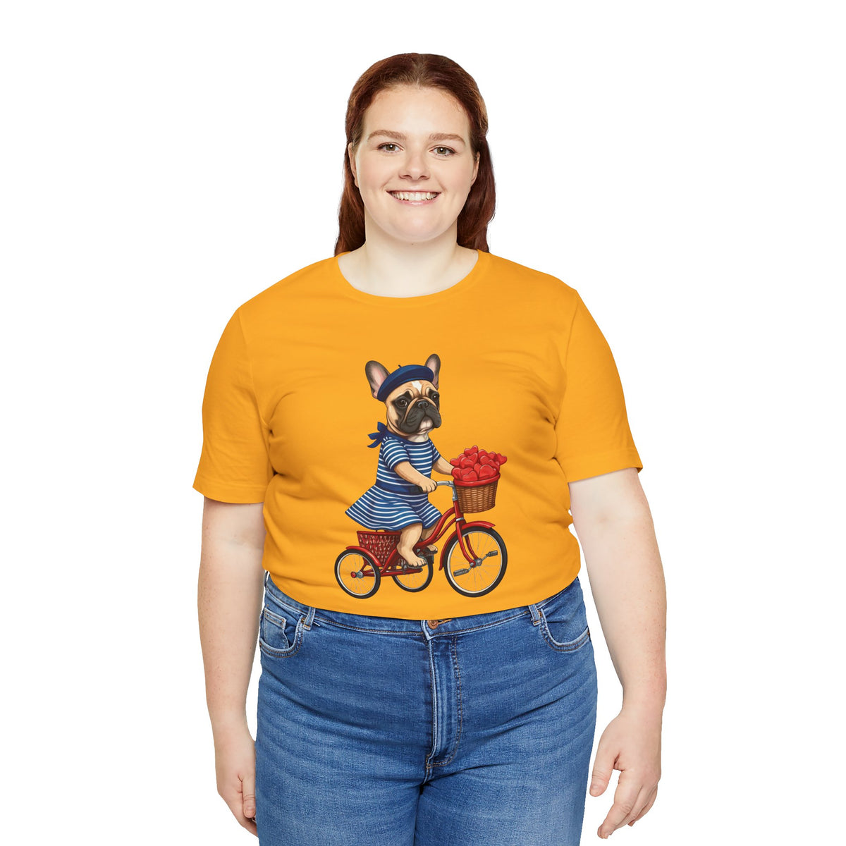 Frenchie à Vélo T-Shirt — French Bulldog on Bicycle with Heart Roses Tee